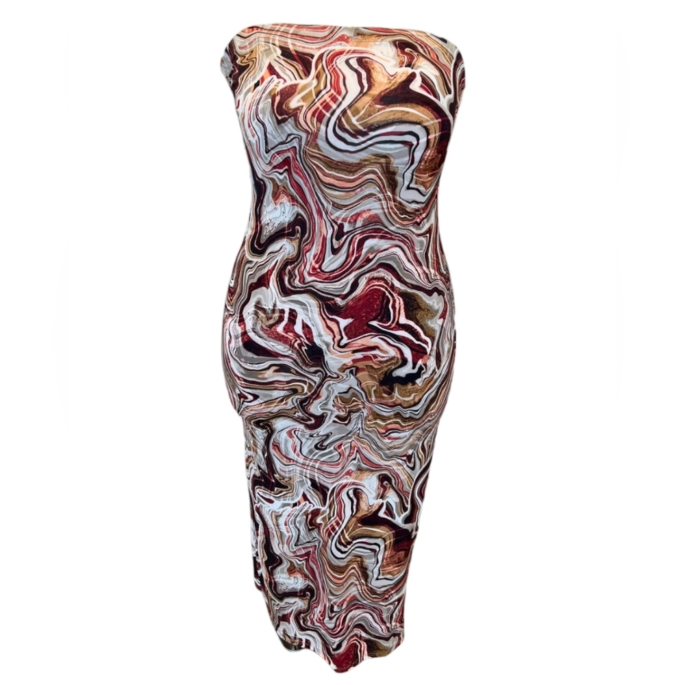 Womens Tube Top Dress Medium Brown New Stretch Bodycon Gathered Sea Print